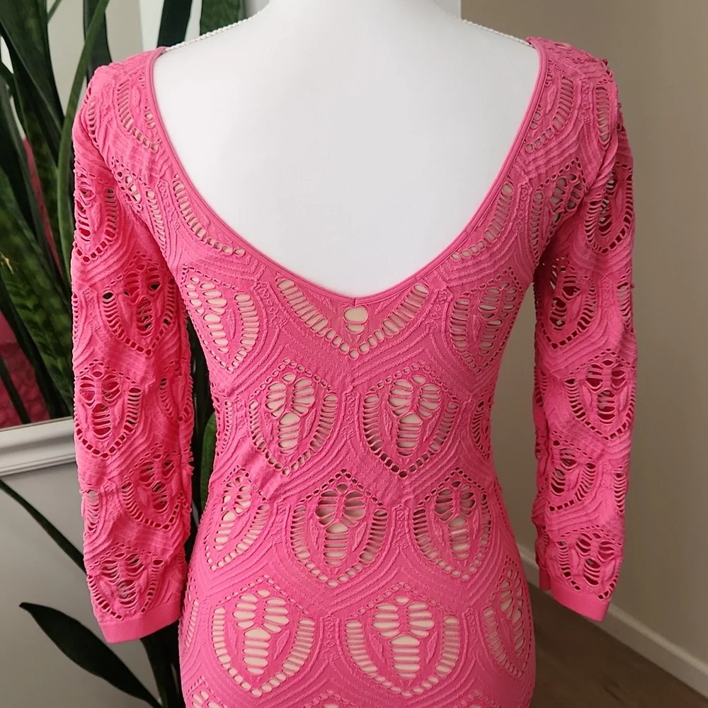 Bebe Lace Overlay Fitted Long Sleeve Dress Pink Cream M L - Picture 2 of 15